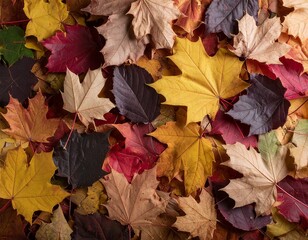 Fototapeta premium Flat lay of colorful autumn leaves in vibrant red, orange, yellow, and brown tones scattered for seasonal display