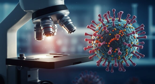 Scientific research demonstrating microscopic view of coronavirus with a microscope focus