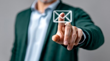 Man in green sweater interacting with digital email icon, showcasing modern communication technology, emphasizing connection and engagement in a contemporary workspace environment
