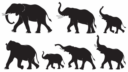 Fototapeta premium Black silhouettes of elephant family walking wildlife nature animals group adult and baby calf simple illustration background design element