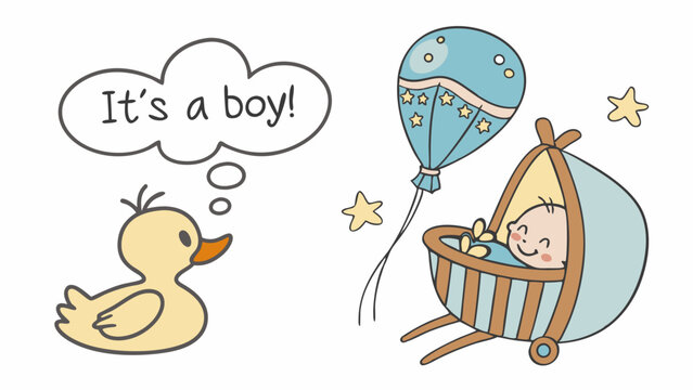 It's A Boy Announcement Baby Shower Cute Illustration Newborn In Crib Duck Balloon Stars