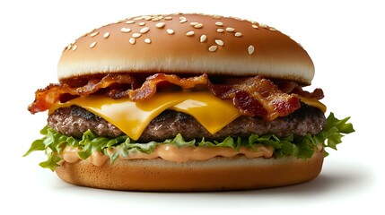 Appetizing cheeseburger with crispy bacon, beef patty, melted cheese, fresh lettuce, and sesame seed bun on white background, isolated for menu and advertising designs.