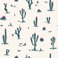 Cactus plants on desert. Hand draw seamless pattern for kids