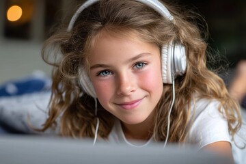 Young girl enjoying music indoors while wearing headphones and smiling happily