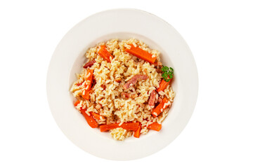 Rice meat and vegetables pilaf fresh delicious gourmet food background on the table rustic food top view copy space