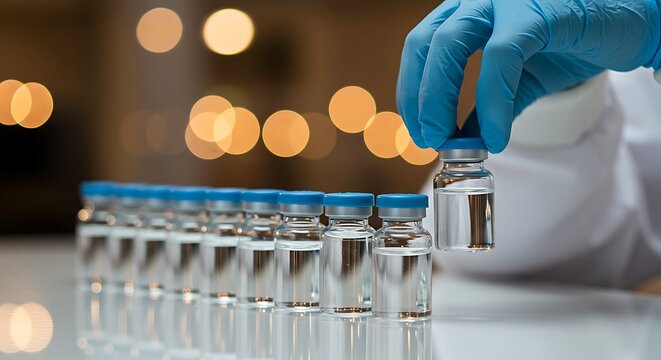 Close up view of a scientist handling vaccine vials in laboratory environment