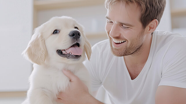 Man with his golden retriever puppy