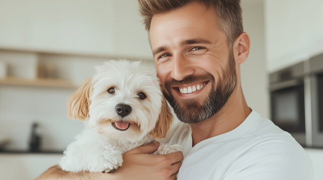 Man smiling with his fluffy dog - Powered by Adobe