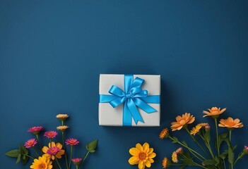 Gray gift box with blue ribbon on dark blue background, top view Brotherhood Day gifts,  day,  present