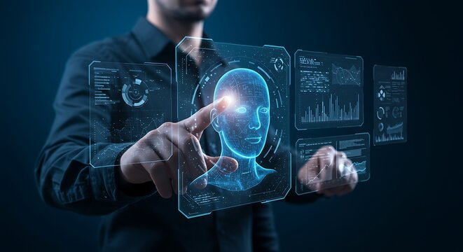 A person using a futuristic holographic interface to analyze a digital ai human.