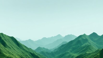 Green Landscapes Designed for a Low-Carbon Future, Serene mountain landscape with layered peaks under a soft blue sky.