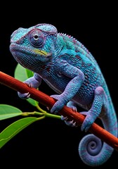 Obraz premium A vivid blue chameleon perched on a branch against a deep black background