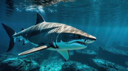 Fototapeta premium Sharks in the Depth — A Symbol of Primal Power, Predatory Elegance, and Silent Balance in the Deep