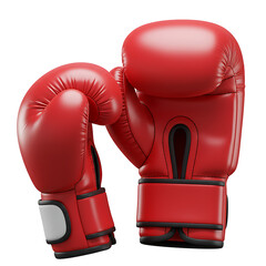 Two glossy red boxing gloves stand side-by-side on surface image
