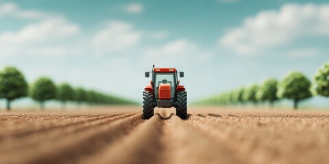 Obraz premium Green Landscapes Designed for a Low-Carbon Future, Tractor in a field with neatly planted trees under a clear sky.
