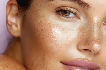 Naklejka premium Close up macro shot of young woman face with natural freckles, glowing healthy skin, pink glossy lips and long eyelashes on purple background.