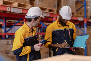 Warehouse manager, store inspector checking stock on storage shelf from inventory checklist. Two...