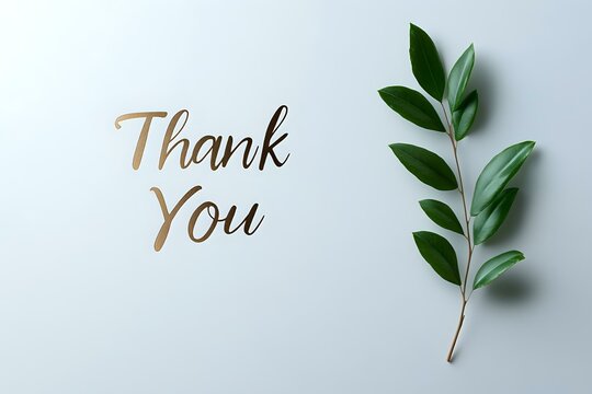 Elegant thank you message in gold lettering with fresh green olive branch on light background, minimalist greeting card design for appreciation notes.