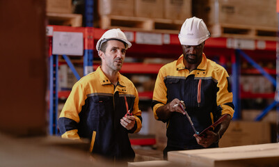 Warehouse manager, store inspector checking stock on storage shelf from inventory checklist. Two...
