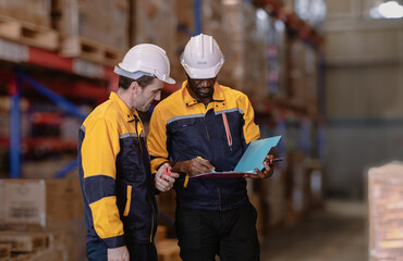 Warehouse manager, store inspector checking stock on storage shelf from inventory checklist. Two diverse ethnic people wear safety hard hat working together examining merchandise at distribution store