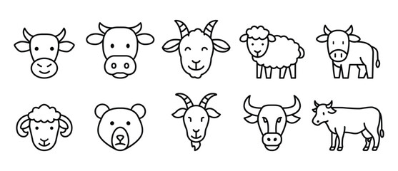Fototapeta premium A set of cute farm animal icons. Line art style.