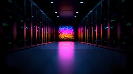 Futuristic data center corridor with neon pink and purple lighting reflecting on floor, leading to vibrant multicolored glow at end. Modern server room interior.