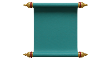 Vertical Teal Blue Blank Scroll Illustration with Golden Ornate Spindles Isolated on White Background