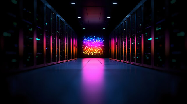 Futuristic data center corridor with neon pink and purple lighting reflecting on floor, leading to vibrant multicolored glow at end. Modern server room interior.
