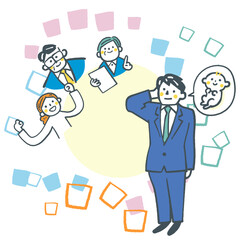 丸くつながる育児休暇を職場に申請する新米パパ　ストックイラスト素材
