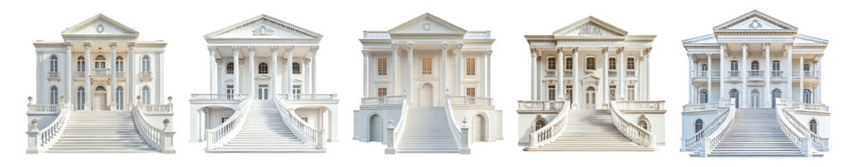 Obraz premium Elegant Architectural Designs of Classic Buildings with Stairs, Isolated on Transparent, white background