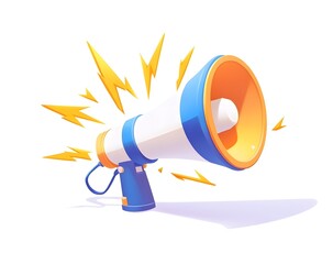 A blue and white megaphone with yellow lightning bolts coming out of it, simple icon style, white background, simple shapes, cartoonish