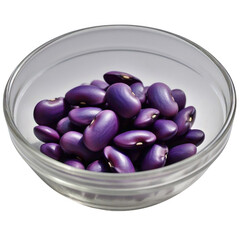 A clear glass bowl filled with a pile of shiny purple kidney beans on a black background close up view