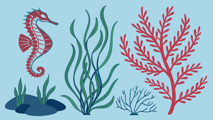 Naklejka premium Seahorse and Seaweed Underwater Marine Life Illustration Graphic Set Design Elements