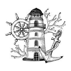 Black and white illustration features a nautical theme with a central lighthouse, a ships steering wheel, an anchor wrapped in rope, coral branches. The detailed line art. Hand drawn graphic sketch