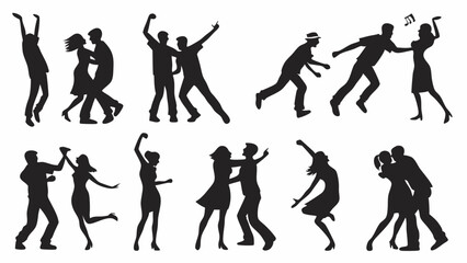 Happy energetic silhouettes of people dancing at a party celebration fun joy group and couple dancers vector set