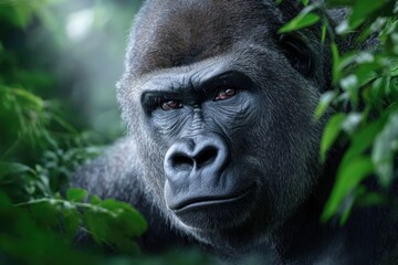Obraz premium Majestic gorilla observing its rainforest surroundings in the morning light