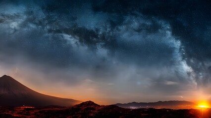 Golden light bathes the rugged mountain landscape as the sun dips below the horizon, painting the sky with fiery red, orange, and soft blue hues amidst dramatic clouds