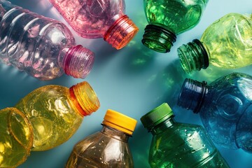 Colorful plastic bottles arranged in a circle on a light blue surface (1)