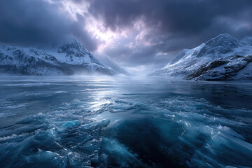 Fototapeta premium Majestic icebergs surrounded by mountains under a dramatic sky in a remote location