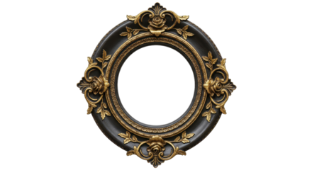 Black and Gold Baroque Ornate Round Frame Isolated on White Background