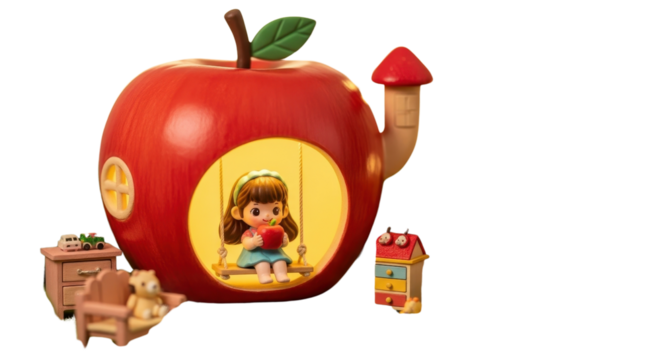 Isolated Cute Chibi Girl Figurine Toy on Swing Inside Red Apple House Product Shot