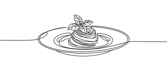 Single Line Drawing of Pasta Dish with Basil