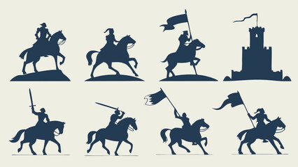 Fototapeta premium Medieval Knight Silhouettes Set Horseback Warrior with Flag Sword and Castle Icons