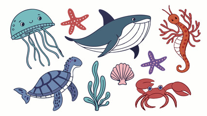 Cute cartoon sea animals set. Marine life collection. Underwater creatures vector illustration. Jellyfish whale turtle crab seahorse starfish.