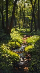 Fototapeta premium Sunlit forest stream path tranquil nature scene