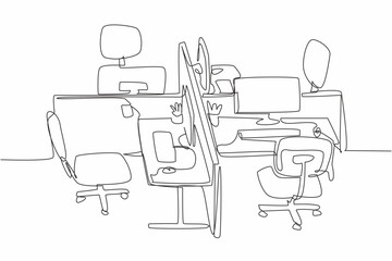 Single one line drawing 4 rotating cubicle office boxes. Anti mainstream workspace design. Convenience during staff meetings. Comfort. National Cubicle Day. Continuous line design graphic illustration