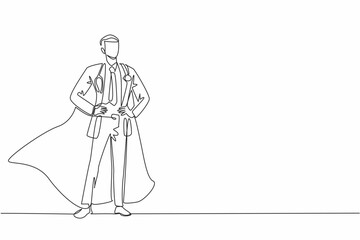 Single one line drawing male doctor standing wearing robe and wings. Completed major surgical task. Emergency. The true super hero. National Superhero Day. Continuous line design graphic illustration