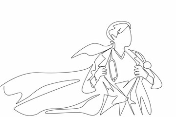 Continuous one line drawing female doctor wearing robe and wings. Pose ready whenever needed. A true hero. Professional. Metaphor. National Superhero Day. Single line draw design vector illustration