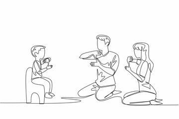 Single continuous line drawing boy sitting on a small chair in front of father and mother. Communicate without sound. Limitations. Sign. Mother Father Deaf Day. One line design vector illustration