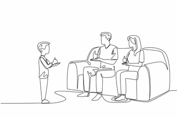 Single one line drawing boy standing in front of father and mother who are sitting. Learning sign language. A language full of love. Mother Father Deaf Day. Continuous line design graphic illustration